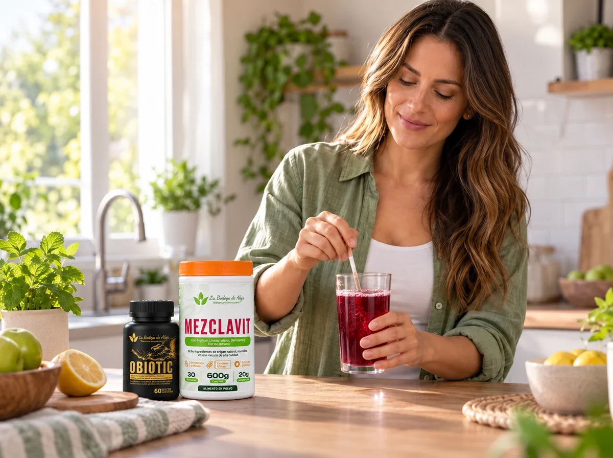 Preparación de la bebida roja de MEZCLAVIT con agua, junto a OBIOTIC, incluidos en BIORITMO.