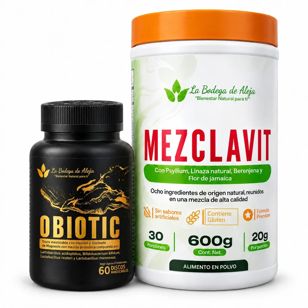 BIORITMO completo: MEZCLAVIT 600 g y OBIOTIC 60 discos masticables. MEZCLAVIT contiene gluten.