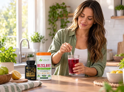 Preparación de la bebida roja de MEZCLAVIT con agua, junto a OBIOTIC, incluidos en BIORITMO.