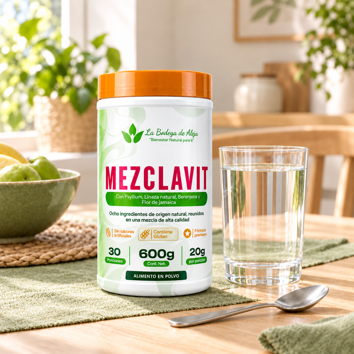 MEZCLAVIT junto a un vaso de agua en una mesa por la mañana