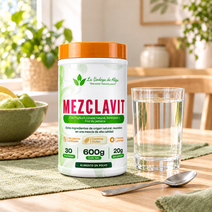 MEZCLAVIT junto a un vaso de agua en una mesa por la mañana