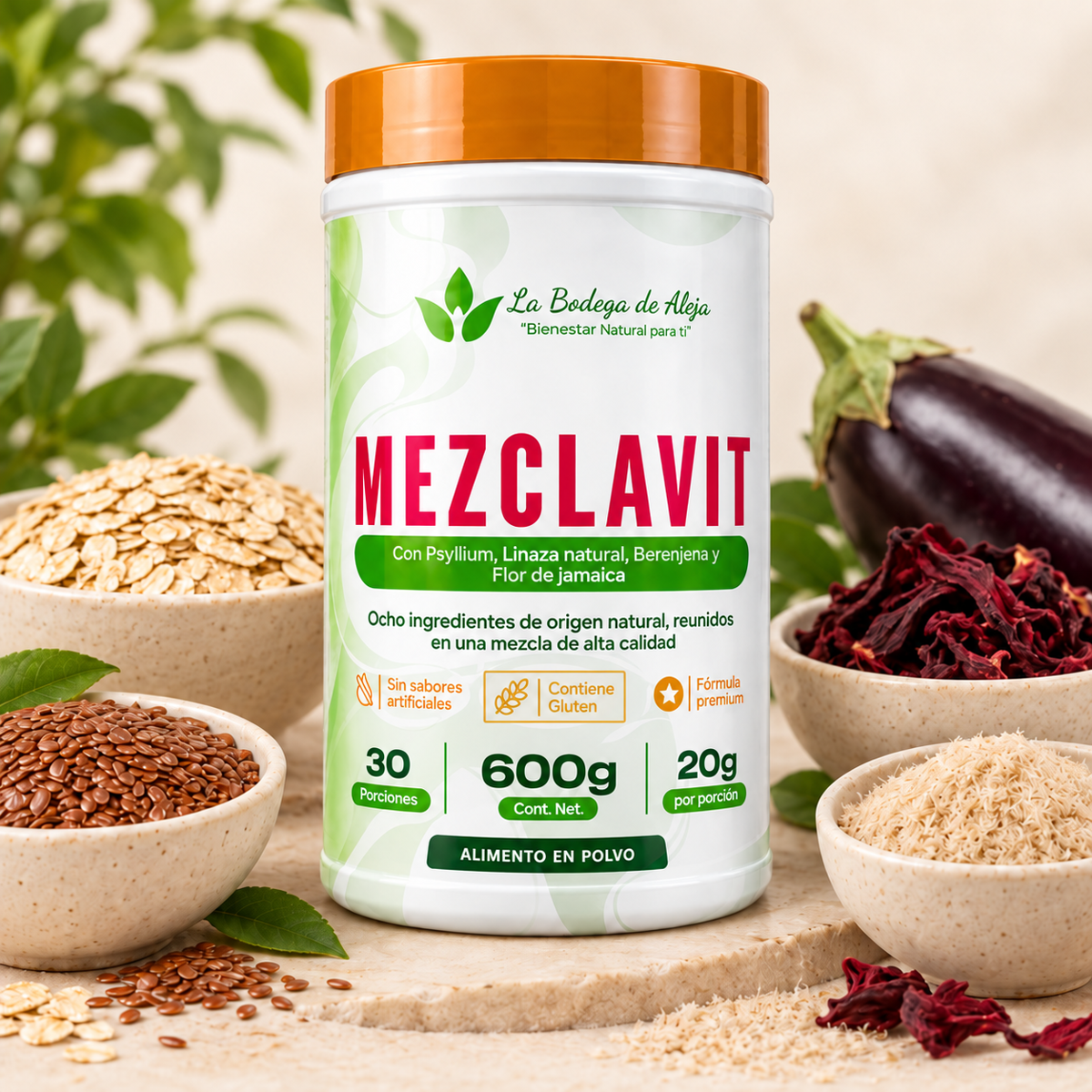 MEZCLAVIT junto a avena, linaza, psyllium, berenjena y flor de Jamaica