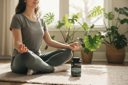 Citrato de Magnesio junto a persona meditando – equilibrio emocional y alivio del estrés