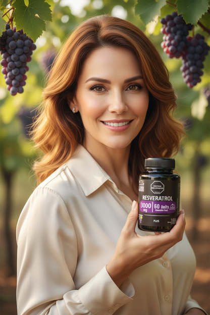Mujer radiante sosteniendo Resveratrol X60 – piel luminosa y saludable